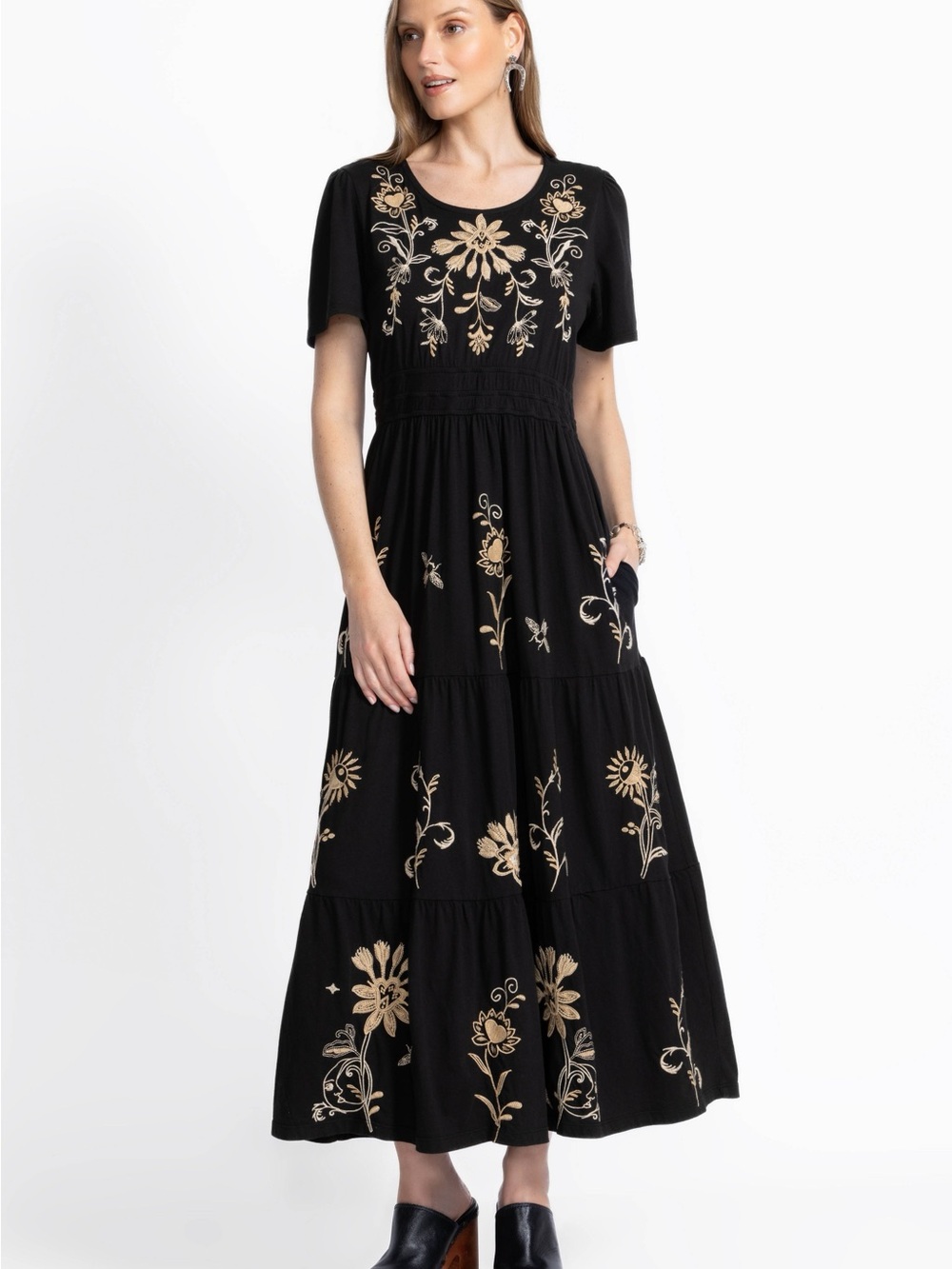 Johnny Was Black Maxi Dress with Floral Embroidery